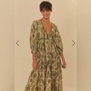 FARM Rio Green and Cream Floral Long Sleeve Dress